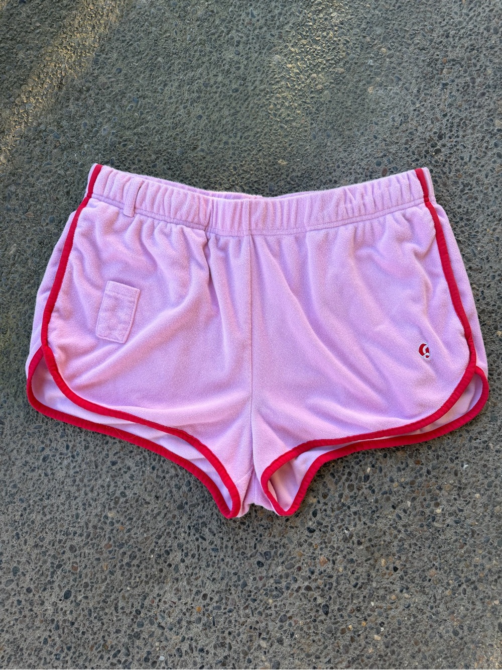 Glossier Women’s Terrycloth Shorts Pink Red Trim Elastic Waist XL